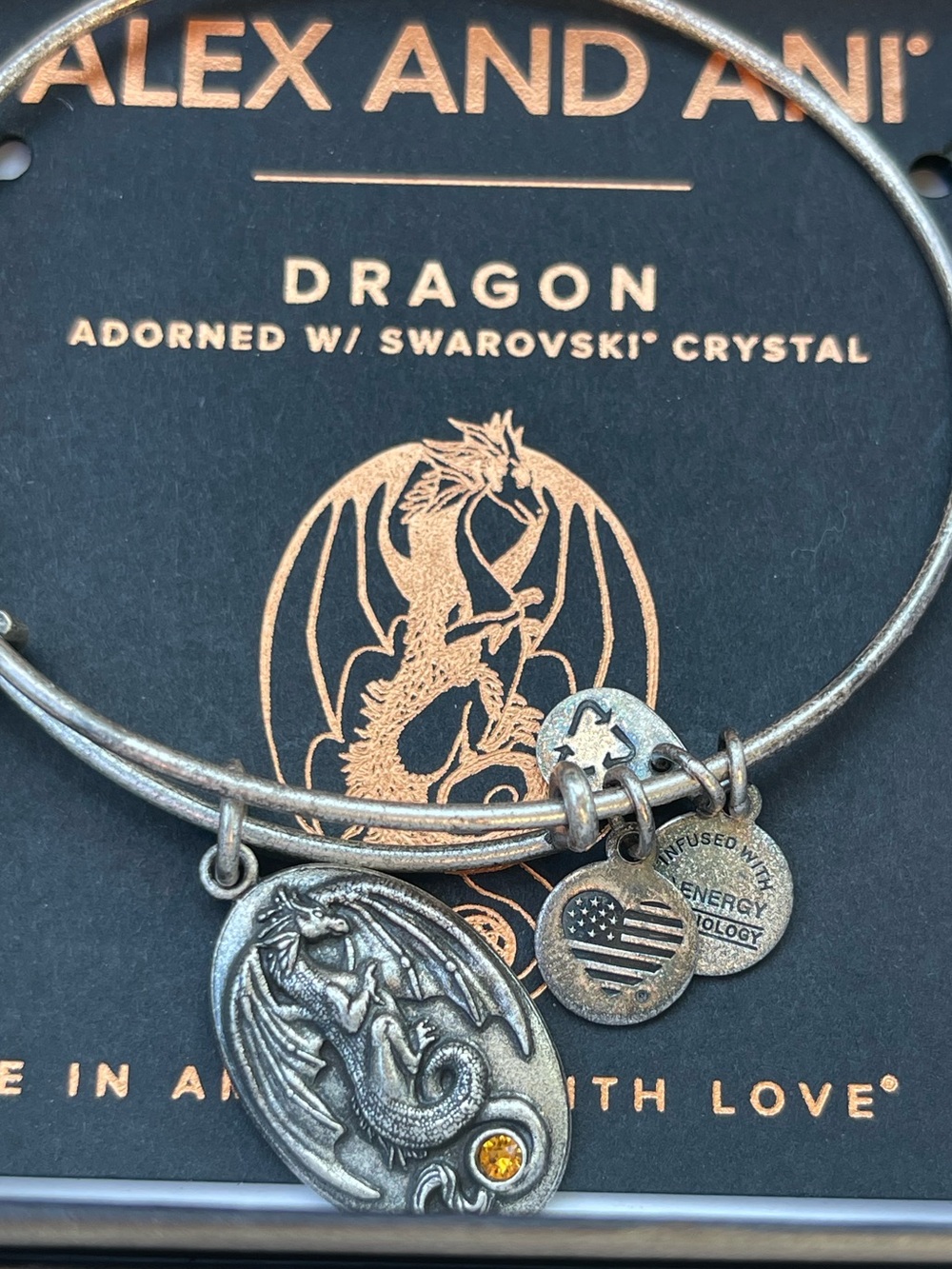 Alex and Ani Dragon Charm Expandable Bangle Bracelet Swarovski Crystal Silver